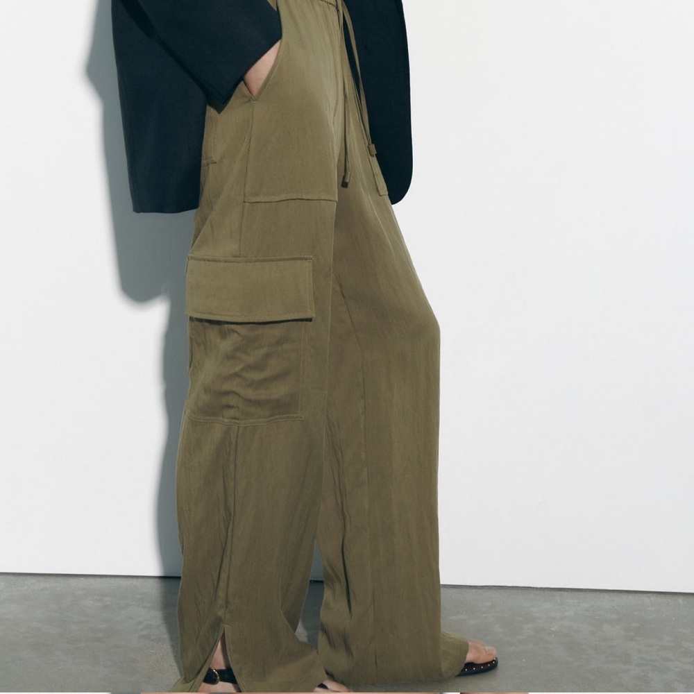 ZARA FULL LENGTH HIGH RISE FLOWY CARGO PANTS KHAKI NWOT! SZ MEDIUM OR 6/8